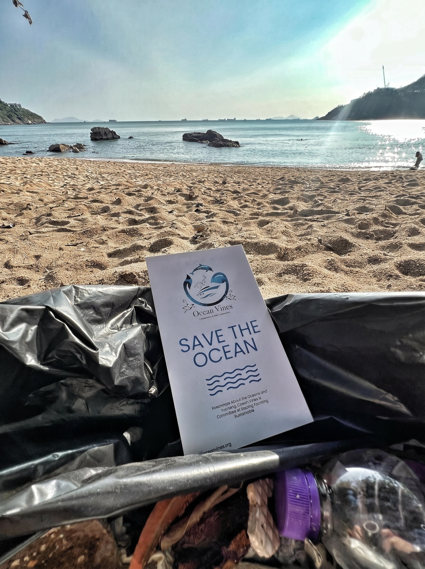 OceanVines leaflet on a black bag at a Hong Kong cleanup