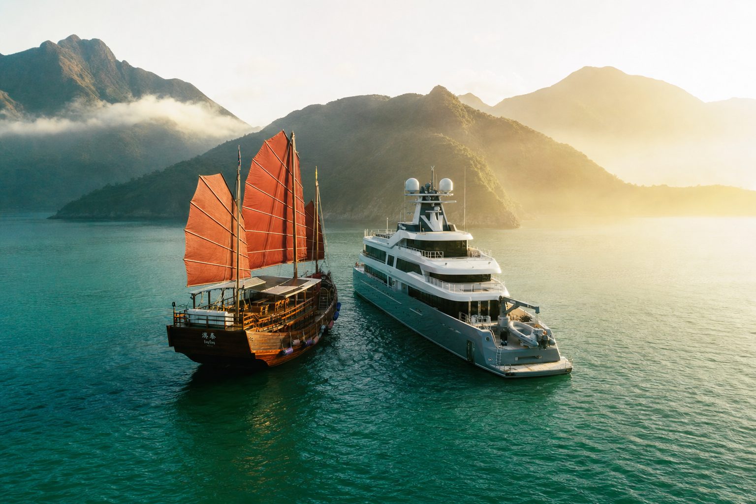 Sea Tiger and a Hong Kong heritage junk at sunrise in Sai Kung