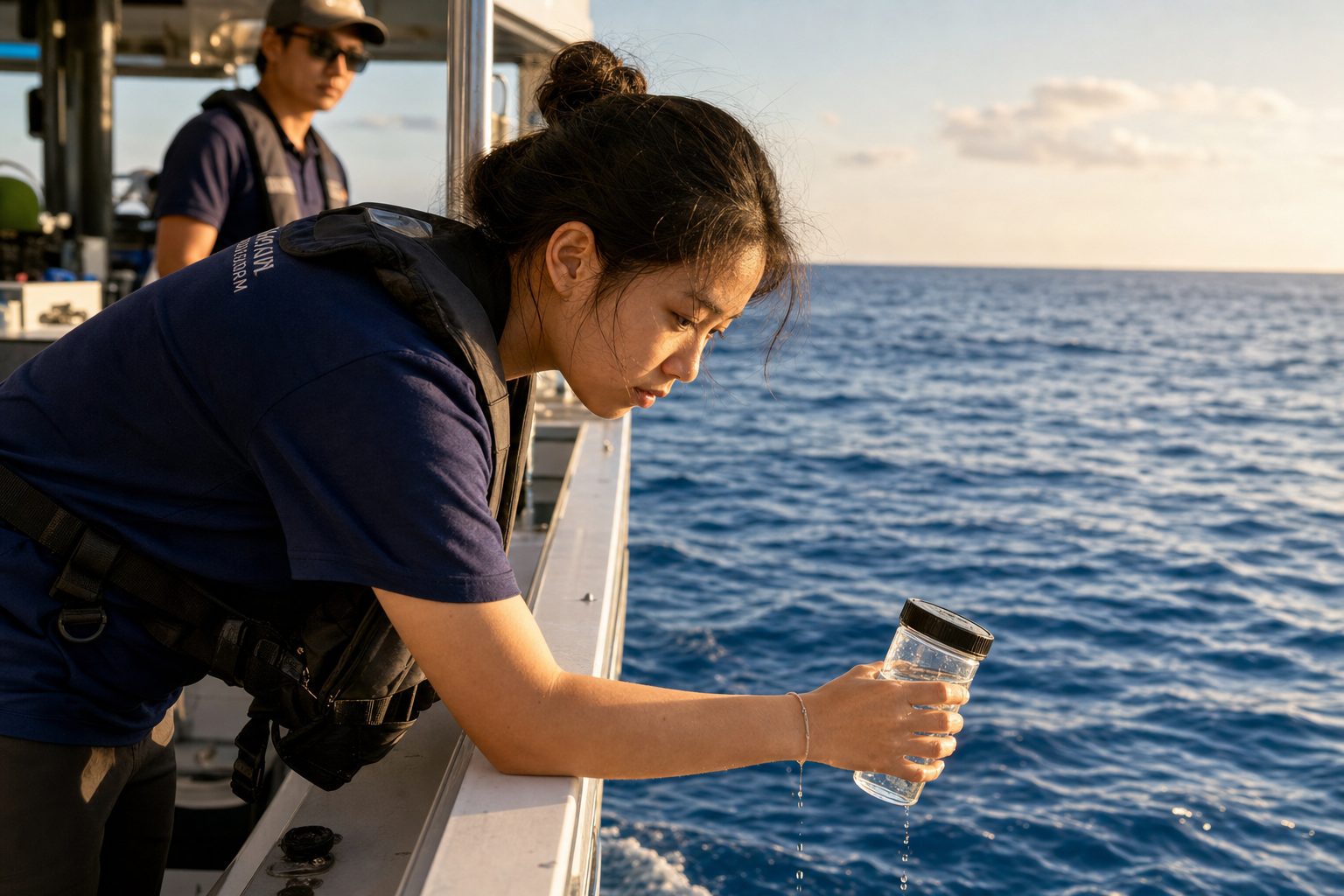 Student conducting water sampling aboard Sea Tiger
