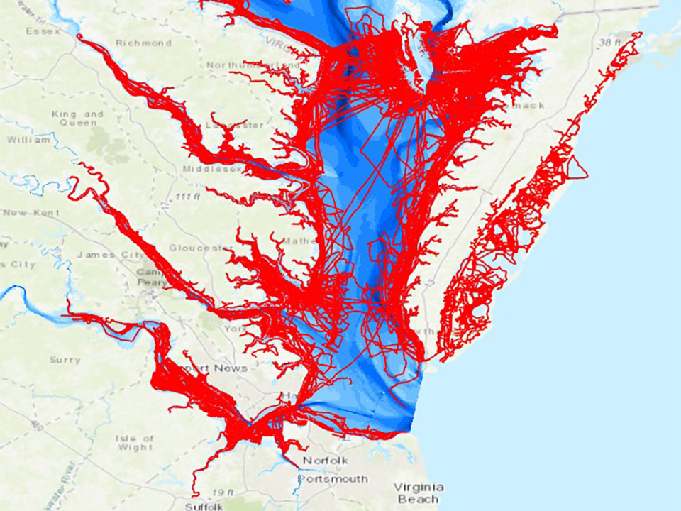 Chesapeake Bay workboat and mapped bathymetry — NOAA-backed derelict crab-trap removal paired with seafloor mapping
